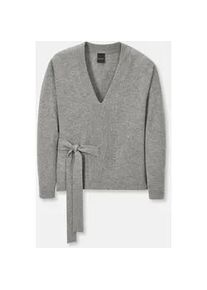 Madeleine Mode Longpullover MADELEINE "Pullover V-Pullover mit Bindeband", Damen, Gr. 34, grau (grau, melange), Obermaterial: 90% Schurwolle WV. 10% Kaschmir WS., Modern, normal, Pullover Longpullover