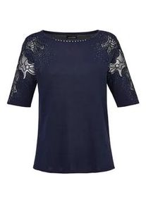 Rundhalspullover GOLDNER "Pullover mit Spitzeneins&auml;tzen und Glanzsteinchen", Damen, Gr. 48, blau (mitternachtsblau), Obermaterial: 65% Viskose CV. 35% Polyamid PA., Tubular, Pullover Rundhalspullover, mit Glitzersteinen und Spitze