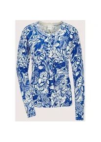 Madeleine Mode Strickjacke MADELEINE "Strickjacke Blumige Feinstrick-Jacke, Langarm, Knopfleiste", Damen, Gr. 44/46, blau (azurblau, wollwei&szlig;), Obermaterial: 71% Viskose CV. 29% Polyamid PA., Modern, Strickjacken Strickjacke, Feinstrick