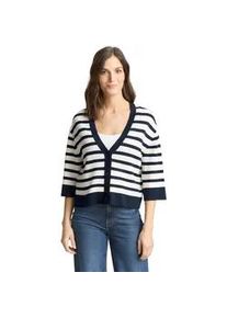 Cardigan Tom Tailor, Damen, Gr. XS, wei&szlig; sky blau knit stripe, Strick, Obermaterial: 85% Viskose, 15% sonstige Fasern, gestreift, loose fit normal, V-Ausschnitt, Strickjacken, mit Streifen Muster