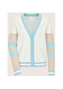 Madeleine Mode Strickjacke MADELEINE "Strickjacke Leichter Cardigan, V-Ausschnitt, Streifenmuster", Damen, Gr. 36/38, wei&szlig; (hellt&uuml;rkis, kitt, wollwei&szlig;), Obermaterial: 50% Baumwolle CO. 30% Polyester PES. 20% Polyamid PA., Modern, gerade, Strickjacken Strickjacke, Farblich abgesetzte Knopfleiste