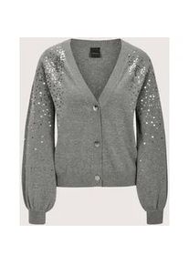 Madeleine Mode Strickjacke MADELEINE "Strickjacke Elegante Feinstrickjacke mit V-Ausschnitt", Damen, Gr. 34, silber (graphit, melange, silberfarben), Obermaterial: 95% Baumwolle CO. 5% Kaschmir WS., Modern, figurumspielend, Strickjacken Strickjacke, Ballon&auml;rmel