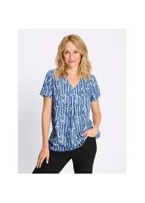 Kurzarmbluse Classic Basics, Damen, Gr. 52, jeansblau, ecru, bedruckt, 100% Polyester, gebl&uuml;mt, gemustert, mehrfarbig, V-Ausschnitt, Blusen