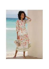 Druckkleid Heine "Druck-Kleid", Damen, Gr. 38, Normalgr&ouml;&szlig;en, champagner, schilf, bedruckt, 100% Baumwolle, Unterkleid:100% Viskose, bedruckt, gebl&uuml;mt, gemustert, mehrfarbig, wadenlang, Rundhals, Kleider Druckkleid