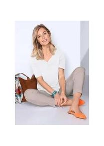 Langarm-Poloshirt GOLDNER "Halbarm Basic-Shirt aus Baumwolle", Damen, Gr. 54, wei&szlig;, Obermaterial: 95% Baumwolle CO. 5% Elasthan EL., Tubular, Shirts, Ausschnitt in Herzform mit Schmucksteinen verziert