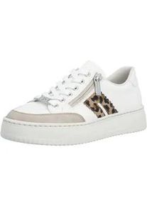 Plateausneaker Rieker, Damen, Gr. 38, wei&szlig;, leo, Glattleder, Schuhe Plateausneaker, Halbschuh, Schn&uuml;rschuh, Casual-Sneaker mit leo-Besatz