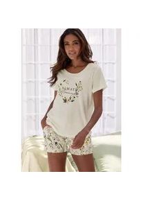 Shorty Lascana, Damen, Gr. 40/42, blau (ecru, gemustert), Single Jersey, Obermaterial: 50% Baumwolle, 50% Viskose, gebl&uuml;mt, Basic kurz, Rundhals, eingesetzt, Homewear-Sets Shorty, mit sch&ouml;nem Blumenmuster