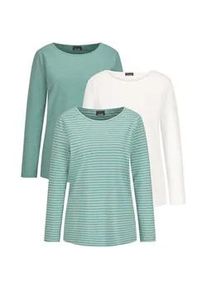 Kurzarmshirt GOLDNER "Langarm 3er-Baumwollshirt-Set", Damen, Gr. 44, gr&uuml;n (graugr&uuml;n, cremewei&szlig;, graugr&uuml;n, geringelt), Obermaterial: 95% Baumwolle CO. 5% Elasthan EL., Modisch, Shirts, U-Boot-Ausschnitt