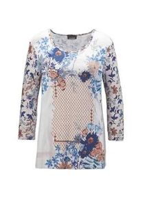 Print-Shirt GOLDNER "Kurzgr&ouml;&szlig;e Druckshirt in einzigartigem Look", Damen, Gr. 22, blau (taupe, rauchblau, gemustert), Obermaterial: 95% Viskose CV. 5% Elasthan EL., normal, Sonstiges, Shirts, Ohne