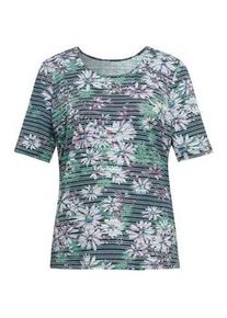Print-Shirt GOLDNER "Bequemes Druckshirt in Blumen-Ringeloptik", Damen, Gr. 44, blau (dunkelmarine, mint, gemustert), Obermaterial: 50% Viskose CV. 45% Polyester PES. 5% Elasthan EL., Tubular, Shirts, Vielseitig kombinierbar