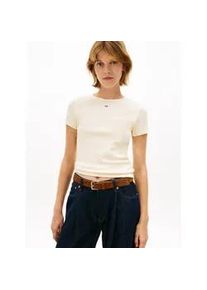 Tommy Hilfiger Kurzarmshirt TOMMY JEANS "TJW SLIM ESSENTIAL RIB SS EXT", Damen, Gr. XXL (44), almost gelb, Single Jersey, Obermaterial: 95% Baumwolle, 5% Elasthan, unifarben, slim fit kurz, Rundhals, abgesteppt, Shirts, Baumwollmischung, slim fit, figurbetont, in gerippter Struktur