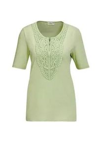 Kurzarmshirt GOLDNER "Kurzgr&ouml;&szlig;e Rundhalsshirt mit H&auml;kelspitze", Damen, Gr. 21, gr&uuml;n (lindgr&uuml;n), Obermaterial: 92% Baumwolle CO. 8% Elasthan EL., Tubular, Shirts, Effektvolle H&auml;kelspitze