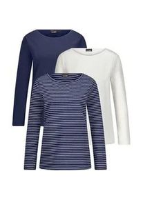 Kurzarmshirt GOLDNER "Langarm 3er-Baumwollshirt-Set", Damen, Gr. 50, blau (marine, cremewei&szlig;, marine, geringelt), Obermaterial: 95% Baumwolle CO. 5% Elasthan EL., Modisch, Shirts, U-Boot-Ausschnitt