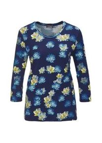 Print-Shirt GOLDNER "Kurzgr&ouml;&szlig;e Druckshirt in kraftvollen Farben", Damen, Gr. 23, blau (marine, gemustert), Obermaterial: 95% Viskose CV. 5% Elasthan EL., Sonstiges, Shirts, Kontrastpaspel am Ausschnitt