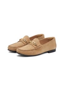 Loafer Tommy Hilfiger "TH CHAIN SUEDE LOAFER", Damen, Gr. 42, safari, Veloursleder, unifarben, Basic, Schuhe Loafer, Slipper, Businessschuh, Schlupfschuh mit goldfarbener Zierkette, Topseller