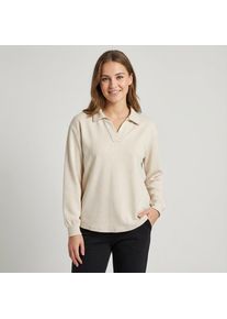 Langarm-Poloshirt Only CARMAKOMA "CARGRETCHEN LS POLOCOLLAR BLOUSE JRS", Damen, Gr. S, birch detail:melange, Jersey, Obermaterial: 78% Polyester, 17% Viskose, 5% Elasthan, meliert, regular fit, V-Ausschnitt, Shirts Langarm-Poloshirt