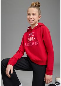 Kapuzensweatshirt Kidsworld "NYC Paris London - Stickerei", M&auml;dchen, Gr. 140/146, rot, Sweatware, Obermaterial: 100% Baumwolle, bestickt, gerade taillenbedeckt, B&uuml;ndchen, Sweatshirts Kapuzensweatshirt, Langarm, gerade Passform, bedruckt, Kapuze, aus Baumwolle