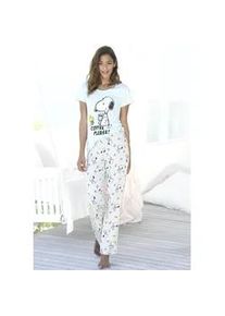 Pyjama PEANUTS, Damen, Gr. 36/38, grau (mint, grau, meliert), Single Jersey, Obermaterial: 100% Baumwolle, bedruckt, gemustert, Basic, Basic lang, Rundhals, eingesetzt, Homewear-Sets Pyjama, mit Snoopy und Woodstock Druck