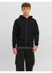 Jack & Jones Kapuzensweatjacke JACK & JONES "JJEBRADLEY mit Kapuze, ideal f&uuml;r kalte Jahreszeit", Herren, Gr. XL, schwarz, angeraute Sweatware, Obermaterial: 61% Polyester, 39% Baumwolle, unifarben, relaxed fit normal, ohne Ausschnitt, Rippb&uuml;ndchen, Sweatjacken Kapuzensweatjacke, Materialmix, relaxed fit, Topseller