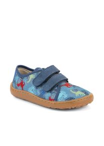 Barfu&szlig;schuh froddo "BAREFOOT CANVAS", M&auml;dchen, Gr. 24, denim jeansblau dinosaurier, Baumwolle, Veloursleder, gemustert, Schuhe Barfu&szlig;schuh, Sneaker, Klettschuh mit Baumwollfutter, Klett-Hausschuh