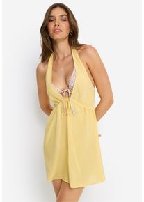 Neckholderkleid LSCN BY LASCANA, Damen, Gr. 38, N-Gr, pastel gelb, Web, Obermaterial: 58% Viskose, 28% Baumwolle, 14% Leinen, unifarben, figurumspielend mini, tiefer V-Ausschnitt, Kleider Neckholderkleid