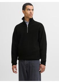 Jack & Jones Troyer JACK & JONES "JJESOHO OLLIE KNIT HALF ZIP SN", Herren, Gr. XXL, schwarz, Strick, Obermaterial: 51% Polyester, 41% Polyacryl, 5% Wolle, 3% Elasthan, unifarben, relaxed fit normal, hoch geschlossener Ausschnitt, Rippb&uuml;ndchen, Pullover Troyer, Materialmix, relaxed fit