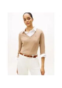 Strickpullover Tommy Hilfiger "SOFT WOOL V-NK SWEATER", Damen, Gr. XXL (44), safari canvas heather, Strick, Obermaterial: 100% Wolle, unifarben, normal, V-Ausschnitt, B&uuml;ndchen, Pullover Strickpullover, aus reiner Wolle