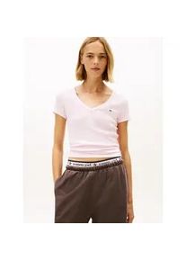 Tommy Hilfiger Kurzarmshirt TOMMY JEANS "TJW SLIM ESSENTIAL RIB V SS", Damen, Gr. XS (34), light pink, Single Jersey, Obermaterial: 95% Baumwolle, 5% Elasthan, gestreift, slim fit kurz, tiefer V-Ausschnitt, abgesteppt, Shirts, mit gerippter Struktur