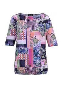 Kurzarmshirt GOLDNER "Kurzgr&ouml;&szlig;e Shirt mit Wasserfallausschnitt", Damen, Gr. 24, blau (marine, gemustert), Obermaterial: 95% Polyester PES. 5% Elasthan EL., figurumspielend, Sonstiges, Shirts, keine/nicht relevant