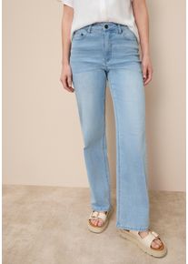 Weite Jeans Tamaris, Damen, Gr. 46, N-Gr, blau (lightblau us), Denim/Jeans, Obermaterial: 74% Baumwolle, 24% Polyester, 2% Elasthan, unifarben, figurbetont lang, Jeans Weite Jeans, hohe Leibh&ouml;he, langer Schnitt, mit Knopf-Applikationen, Topseller