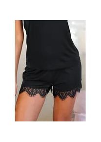 Schlafshorts Lascana, Damen, Gr. 32/34, N-Gr, schwarz, Single Jersey, Obermaterial: 66% Polyester, 29% Viskose, 5% Elasthan, bequem kurz, Hosen Pyjamahose, mit Spitzensaum