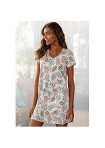 Sleepshirt Lascana, Damen, Gr. 32/34, N-Gr, beige (sand, bedruckt), Single Jersey, Obermaterial: 100% Baumwolle, bedruckt, Basic, Basic kurz, Rundhals, eingesetzt, Kleider Sleepshirt, mit Palmen-Print