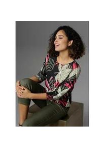 Schlupfbluse Aniston SELECTED, Damen, Gr. 46, bunt (schwarz, helloliv, hellgr&uuml;n, dunkelrot, beere, wei&szlig;), Chiffon, Obermaterial: 100% Polyester, bedruckt, leicht transparent, figurumspielend h&uuml;ftbedeckend, Rundhals, gesmokt, Blusen Schlupfbluse, mit Smok-Abschl&uuml;ssen, Topseller