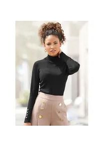 Strickpullover Lascana, Damen, Gr. 40/42, schwarz, Feinstrick, Obermaterial: 83% Viskose, 15% Polyamid, 2% Elasthan, unifarben, figurbetont h&uuml;ftlang, mit Schlitz, Pullover Strickpullover, mit Zierkn&ouml;pfen am &Auml;rmelabschluss, leichter Rollkragenpullover, Basic