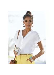 Kurzarmbluse Vivance, Damen, Gr. 32/34, wei&szlig;, Web, Obermaterial: 100% Viskose, unifarben, figurumspielend h&uuml;ftlang, tiefer V-Ausschnitt, Aufschlag, Blusen, in lockerem Schnitt, Damenbluse, casual, Business-Look