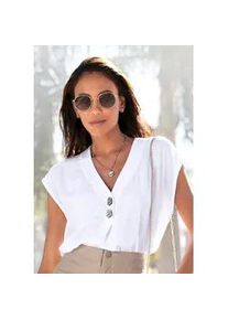 Schlupfbluse Lascana, Damen, Gr. 38, wei&szlig;, Web, Obermaterial: 100% Viskose, unifarben, figurumspielend h&uuml;ftlang, V-Ausschnitt, Blusen Schlupfbluse, mit modischen Kn&ouml;pfen, luftige Kurzarmbluse, sommerlich, Topseller