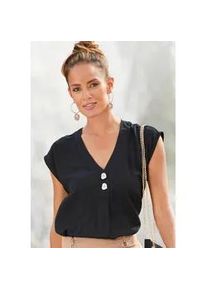 Schlupfbluse Lascana, Damen, Gr. 44, schwarz, Web, Obermaterial: 100% Viskose, unifarben, figurumspielend h&uuml;ftlang, V-Ausschnitt, Blusen Schlupfbluse, mit modischen Kn&ouml;pfen, luftige Kurzarmbluse, sommerlich