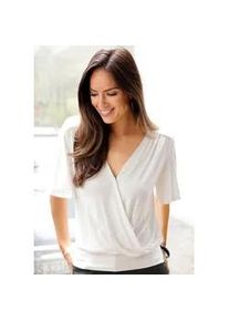 Wickelshirt Lascana, Damen, Gr. 36/38, beige (creme), Jersey, Obermaterial: 95% Viskose, 5% Elasthan, unifarben, figurumspielend h&uuml;ftlang, V-Ausschnitt, Shirts, mit Druckknopf vorne, feminines Kurzarmshirt