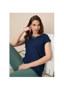 T-Shirt Tamaris, Damen, Gr. 38, blau (marine), Single Jersey, Obermaterial: 95% Viskose, 5% Elasthan, Basic, regular fit h&uuml;ftbedeckend, Rundhals, Aufschlag, Shirts T-Shirt, Regular Fit, mit &uuml;berlappenden Schultern, Kurzarm mit Aufschlag