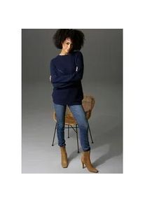 Rundhalspullover Aniston CASUAL, Damen, Gr. 38, blau (marine), Grobstrick, Obermaterial: 100% Baumwolle, unifarben, l&auml;ssig geschnitten Po-bedeckend, Rundhals, Rippstrickb&uuml;ndchen, Pullover Rundhalspullover, im Mustermix, Topseller