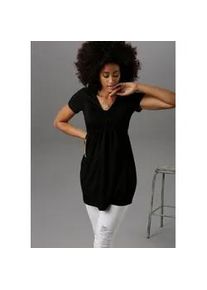 Tunika Aniston SELECTED, Damen, Gr. 50, schwarz, Jersey, Obermaterial: 95% Viskose, 5% Elasthan, unifarben, figurumspielend Po-bedeckend, V-Ausschnitt, Tuniken, mit Raffung im Brustbereich