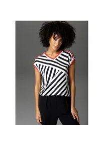 T-Shirt Aniston CASUAL, Damen, Gr. 42, bunt (schwarz, wei&szlig;, rot), Cr&ecirc;pe, Obermaterial: 95% Polyester, 5% Elasthan. R&uuml;cken: 95% Viskose, 5% Elasthan, gestreift, l&auml;ssig geschnitten, V-Ausschnitt, B&uuml;ndchen, Shirts T-Shirt, mit gestreiften B&uuml;ndchen
