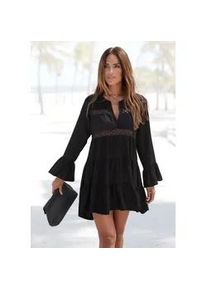 Longbluse Lascana, Damen, Gr. 32/34, schwarz, Web, Obermaterial: 100% Viskose. Spitze: 100% Baumwolle, figurumspielend kurz, V-Ausschnitt, Volant, Blusen Longbluse, mit Spitzeneins&auml;tzen, Tunika, Blusenkleid, Strandmode