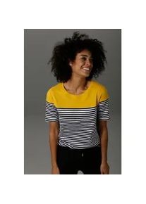 T-Shirt Aniston CASUAL, Damen, Gr. 38, gelb (schwarz, wei&szlig;, mais), Single Jersey, Obermaterial: 100% Baumwolle, geringelt, gestreift, figurumspielend h&uuml;ftbedeckend, Rundhals, Shirts T-Shirt, im Marine-Look