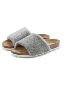 Hausschuh Lascana "Pantolette", Damen, Gr. 39, grau, Obermaterial: 100% Synthetik. Decksohle: 100% Rindsleder. Laufsohle: 100% Synthetik, Fellimitat, unifarben, Schuhe Pantoffeln Pl&uuml;sch Hausschuh Pantolette, Mule, Sandale, offener Schuh, Korkfu&szlig;bett, Pantoffel