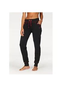 Relaxhose BENCH. LOUNGEWEAR, Damen, Gr. 40/42, N-Gr, bunt (schwarz, rubinrot), Interlock, Obermaterial: 60% Baumwolle, 40% Polyester, kontrastfarbene Details, unifarben, Basic, bequem lang, Hosen Relaxhose, mit kontrastfarbenen N&auml;hten, Loungewear, Topseller