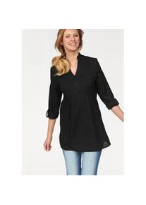 Longbluse Aniston CASUAL, Damen, Gr. 40, schwarz, Web, Obermaterial: 100% Baumwolle, unifarben, figurumspielend ca. Mitte Oberschenkel, Rundhals, 1-Knopf-Manschette krempelbar, Blusen Longbluse, mit dekorativer Biesenverarbeitung