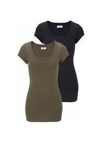 T-Shirt Flashlights, Damen, Gr. 48/50 (XL), gr&uuml;n (khaki, schwarz), Feinripp, Obermaterial: 100% Baumwolle, unifarben, Basic, sehr figurbetont Po-bedeckend, Rundhals, Shirts T-Shirt, figurbetonter Schnitt, unifarben, Rundhalsausschnitt