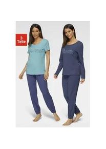 Pyjama Vivance DREAMS, Damen, Gr. 32/34, blau (blau, dunkelblau), Single Jersey, Obermaterial: 100% Baumwolle, unifarben, Basic lang, Rundhals, Homewear-Sets Pyjama, mit Frontschriftzug