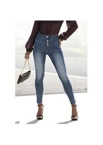 High-waist-Jeans Lascana, Damen, Gr. 46, N-Gr, blau (blau, washed), Denim/Jeans, Obermaterial: 98% Baumwolle, 2% Elasthan, figurbetont kn&ouml;chellang, Jeans High-Waist-Jeans, mit sichtbarer Knopfleiste und Stretch-Anteil, Skinny, High Waist